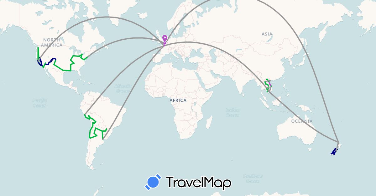 TravelMap itinerary: driving, bus, plane, train in Argentina, Bolivia, Chile, France, United Kingdom, Cambodia, Laos, New Zealand, Peru, United States, Vietnam (Asia, Europe, North America, Oceania, South America)
